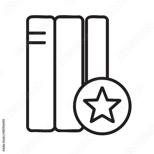 A simple black and white illustration depicts stacked books alongside a star encased within a circular frame