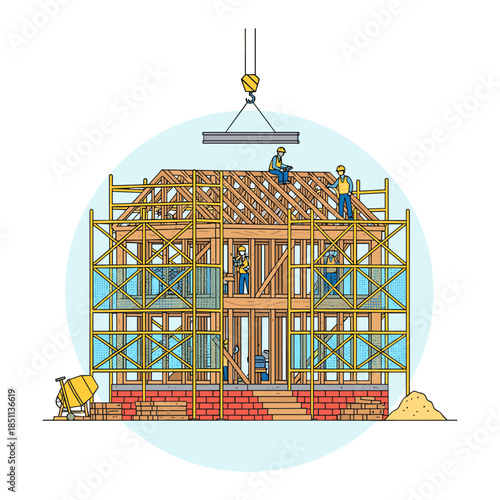 Building house framing at residential construction site