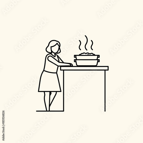 A woman attending to a steaming pot of freshly cooked food on a kitchen table