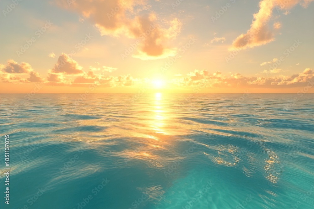 Obraz premium A calm turquoise sea gently ripples beneath soft golden clouds drifting across a warm, glowing sky, with light reflections dancing on the smooth water surface.