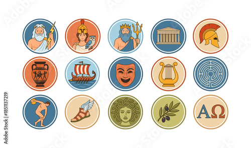 Ancient Greece myth symbols and cultural icons collection