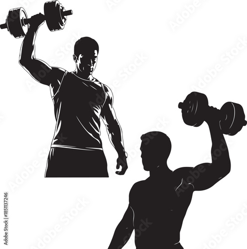Muscular man lifting dumbbell in dynamic fitness pose
