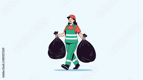 Sanitation worker carrying black trash bags vector illustration