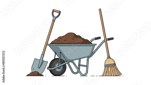 Wheelbarrow with soil, shovel, and broom garden tools illustration