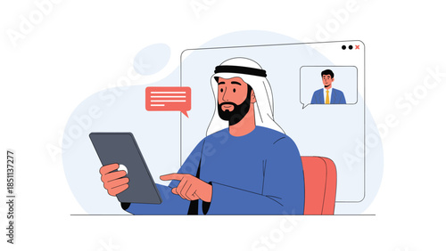 Arab businessman using tablet for video conference call illustration