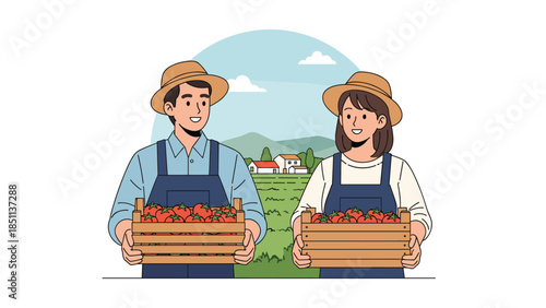 Happy farmers holding wooden crates of fresh tomatoes illustration