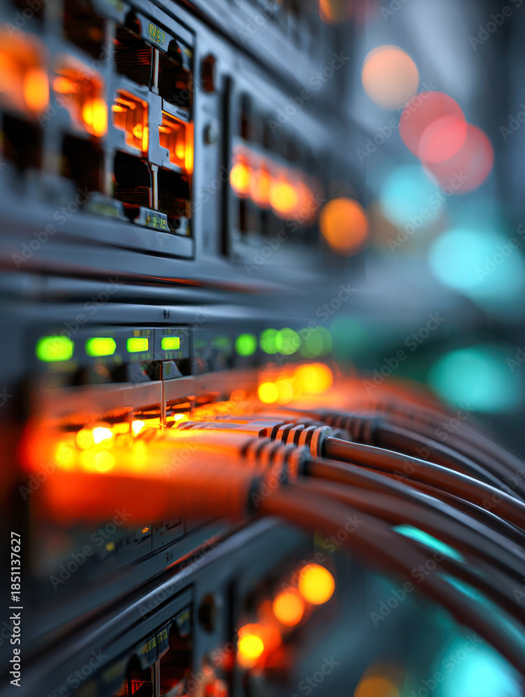 Naklejka premium Network server racks with multiple ethernet cables and active connection indicator lights creating vibrant bokeh effect in a data center environment