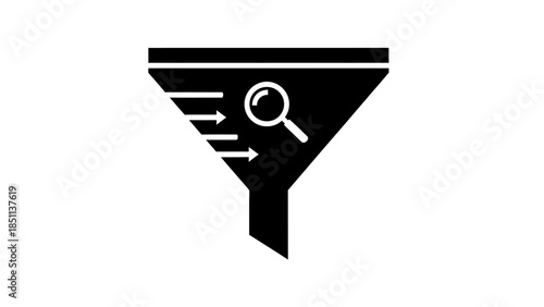 Black and White Funnel Icon with Magnifying Glass for Filtering.