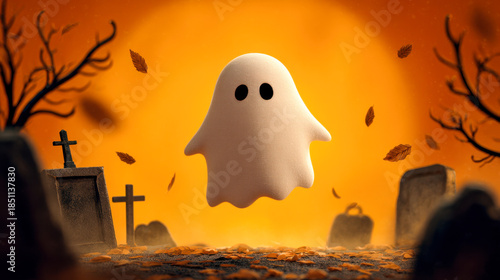 Cute cartoon ghost floating in an eerie autumn graveyard with falling leaves and tombstones under a glowing orange sky creating a spooky Halloween atmosphere