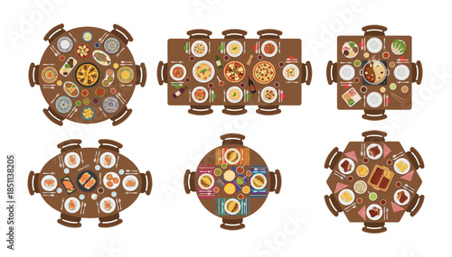 International foods dining tables top view illustration set