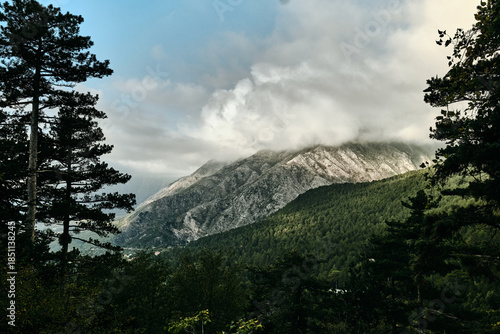 Obraz na plátně Wide natural view of forested mountains and rocky peak under low clouds, clean landscape with layered hills, cloudy sky and calm outdoor atmosphere