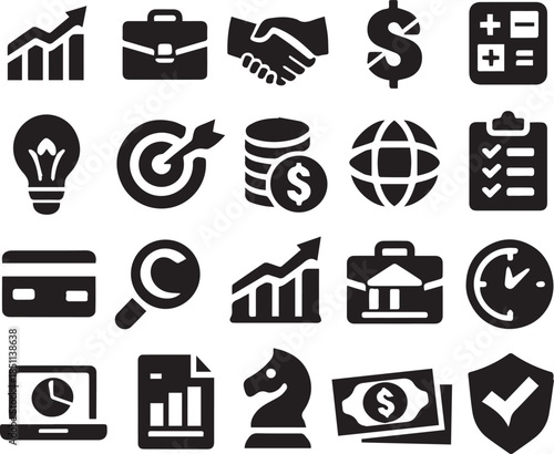 A collection of 16 minimalist black and white vector icons representing various business and financial concepts. 