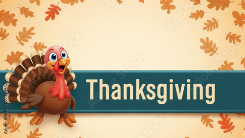 Cute cartoon turkey character with Thanksgiving text on a festive autumn background perfect for holiday invitations and decorati