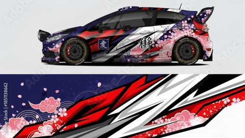 Rally car with custom Japanese-inspired cherry blossom and geometric graphic wrap design.