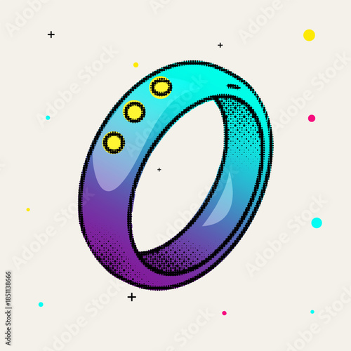 Halftone pop art dot gradient purple and blue smart ring wearable technology with yellow accent dots, vector illustration