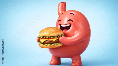 Happy stomach is holding a burger, laughing and rejoicing