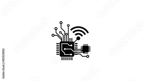 Black and White Microchip Illustration with Wireless Signal.