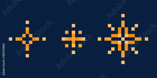 Sparkle and flash icons set pixel style. Glowing starburst and twinkle effects. Retro 8-bit holiday symbol.