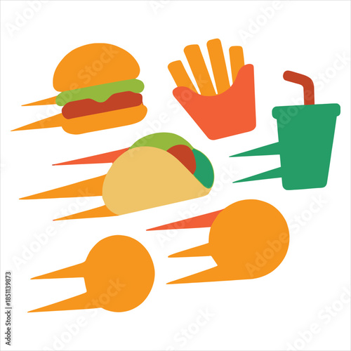 Fast Food Speed Icons Set — Burger, Fries, Taco & Drink Minimal Illustration