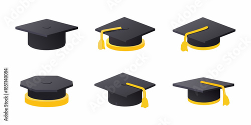 A collection of black graduation caps with yellow tassels displayed in various orientations