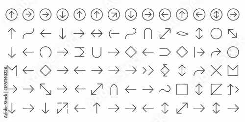 Set of Various Arrows and Symbols in Simple Line Style on White Background for Graphic Design