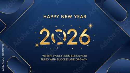 Happy New Year 2026 elegant gold typography on a dark blue abstract background with geometric shapes celebrating success and gro