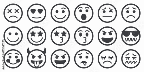 Set of diverse emoticon faces in simple black and white design for digital communication and social media