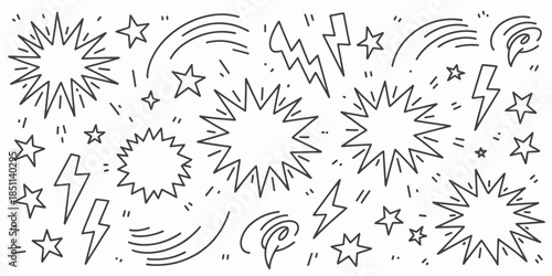 Comic Book Explosion Elements in Black and White Line Art Style with Dynamic Motion for Graphic Design