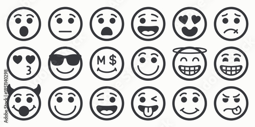 Set of diverse monochrome emoticon faces in simple minimalist style with bold black lines on white background for digital communication