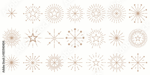 Fireworks Explosions in Elegant Beige Hues with Delicate Line Art on White Background for Celebration Design