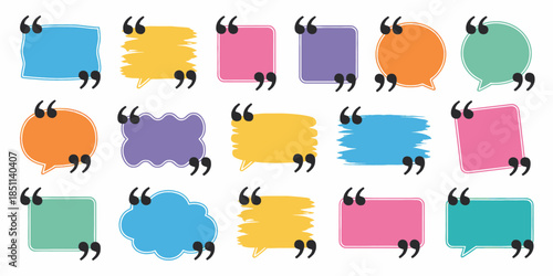 Colorful speech bubbles with quotation marks in playful vibrant colors on white background for social media