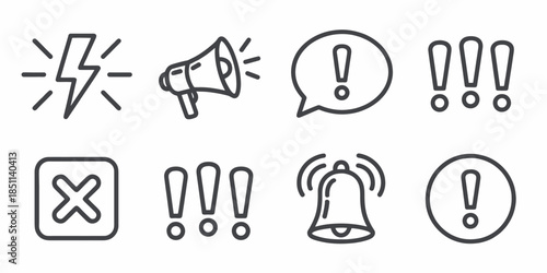 Warning Icons Set in Simple Line Style with Exclamation Marks and Alert Symbols for Notification and Error Messages