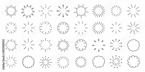 Collection of various black line art sunburst and starburst icons in different styles on white background for graphic design