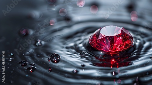 Crimson gemstone impact, water splash, luxury, elegance, precious jewel, dramatic lighting, close-up photography