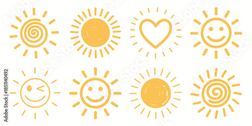 Smiley Sun Icons Set in Simple Flat Design with Yellow Color on White Background for Graphic Design