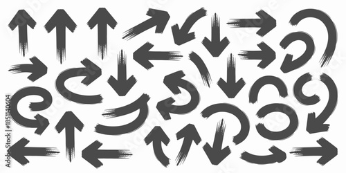 Collection of various black arrows in different directions and shapes on white background for graphic design