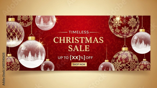 Elegant Christmas sale banner with ornate baubles festive holiday promotion for retail advertising seasonal discounts