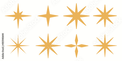 Golden star shapes in various designs on white background in minimalist style with soft lighting for graphic design