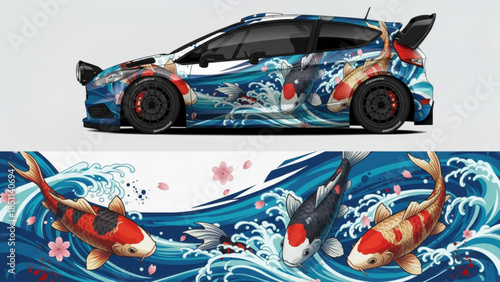 Custom car wrap design featuring vibrant Japanese koi fish, crashing waves, and delicate cherry blossoms on a blue hatchback.