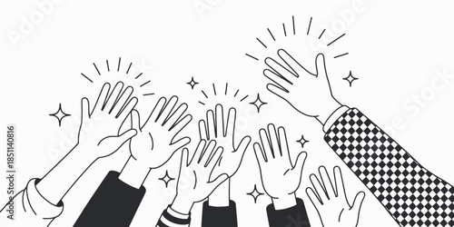 High-Fiving Hands in Minimalist Line Art with Sparkles in Monochrome Illustration for Celebratory