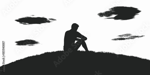 Lonely man silhouette in contemplative pose on hill with cloudy sky in black and white minimalist style for mental health awareness