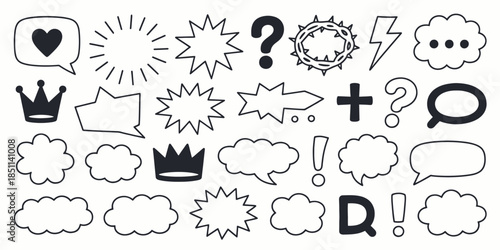Comic Book Speech Bubbles and Icons in Black Outline Style on White Background for Graphic Design