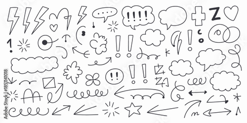 Hand drawn comic book elements in simple doodle style with black lines on white background for graphic design