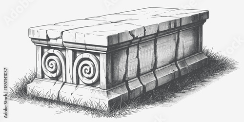 Ancient stone sarcophagus in detailed illustration with spiral designs in grayscale shading for historical decor