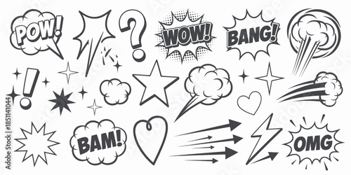 Comic Book Elements Set in Hand Drawn Style with Black and White Color Scheme on White Background for Graphic Design