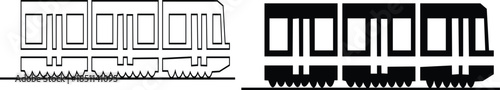 Black train icon set in flat and line style railway locomotive and freight transport silhouette collection featuring passenger and cargo rail graphic group, minimal monochrome vector illustration pack