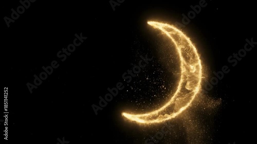 Golden Crescent Moon Sparkle Animation on Black Background, Mystical Night Sky Element.