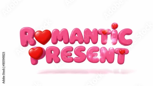 Romantic Present 3D Text with Hearts on White Background.