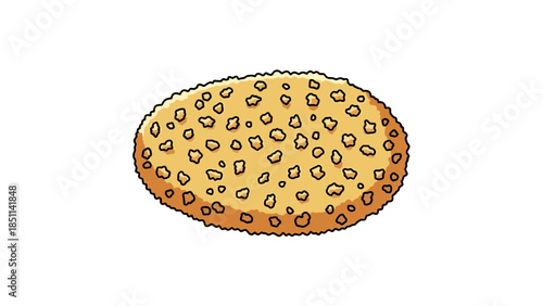 Close up of a crunchy sesame seed coated cookie resting on a plain surface