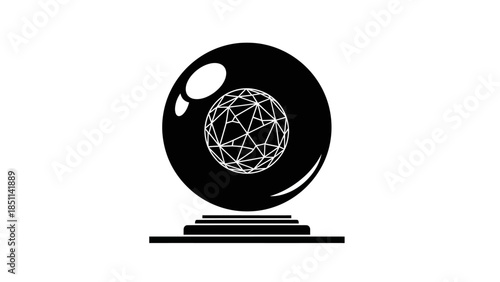 Crystal Ball Illustration with Geometric Sphere Inside on Stand.